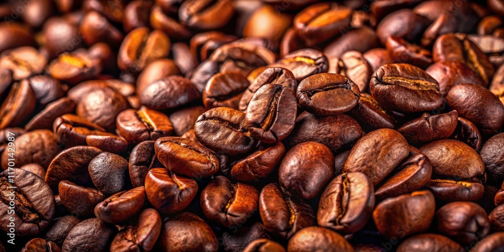 Fototapeta premium Premium, dark roasted whole coffee beans piled high; a captivating image for coffee lovers and bean enthusiasts alike.