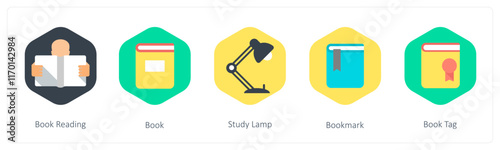 A set of 5 mix icons as book reading, book, study lamp