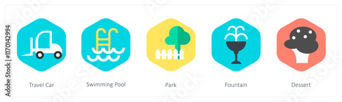 A set of 5 mix icons as travel car, swimming pool, park