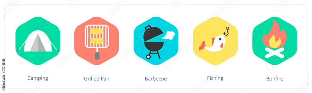 A set of 5 mix icons as camping, grilled pan, barebecue A set of 5 mix icons as camping, grilled pan, barebecue