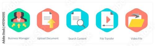 A set of 5 mix icons as business manager, upload document, search content