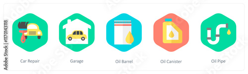 A set of 5 mix icons as car repair, garage, oil barrel