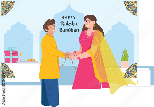 A lively illustration of a Rakshabandhan celebration, showing a sister tying a rakhi on her brother’s wrist, with joyful expressions, festive decorations, and traditional sweets.