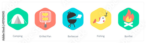 A set of 5 mix icons as camping, grilled pan, barebecue