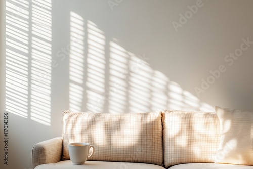 Morning coffee becomes a cherished habit. Cozy sofa with soft light and shadows from window blinds. photo