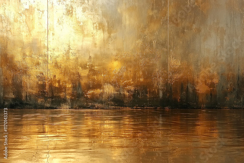 Golden sunset reflected in calm water, textured grunge overlay.