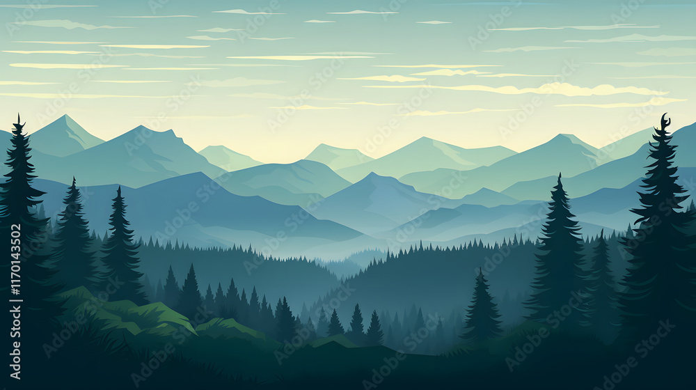 Obraz premium digital green and blue forested landscape with mountains graphics poster background