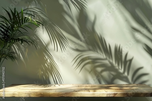 Empty wooden table with shadow of tropical leaves on background with copy space