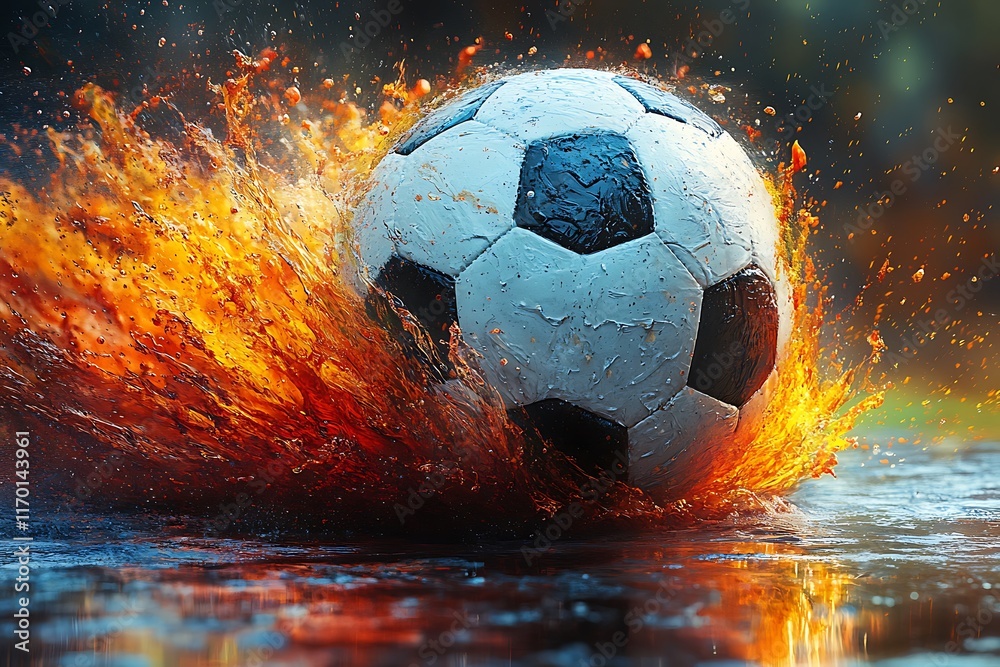 Fototapeta premium Football on fire bright flam splash symbol on the Abstract background 