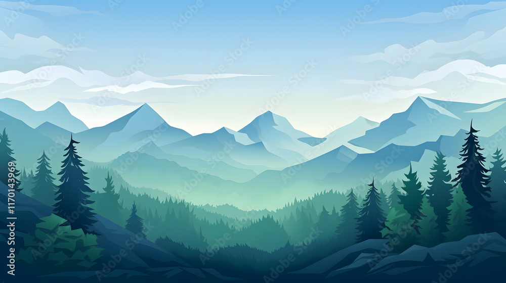 Fototapeta premium digital green and blue forested landscape with mountains graphics poster background