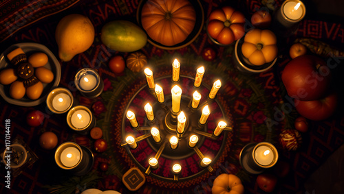 A kinara surrounded by Kwanzaa symbols, overhead view with focused lighting on the glowing candles, rich tones of kente cloth and fruits in the background, capturing a sacred photo