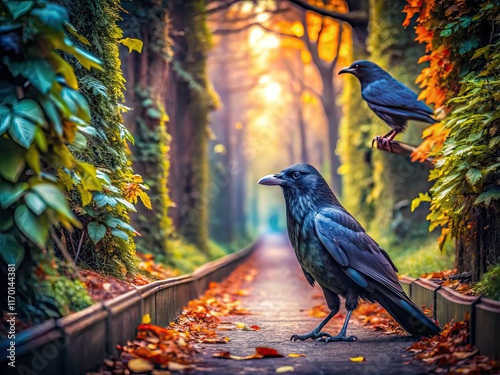 Raven perched, leaves a bokeh haze, deep wood's shadowy corridor, high depth of field, AI art's dark majesty revealed. photo