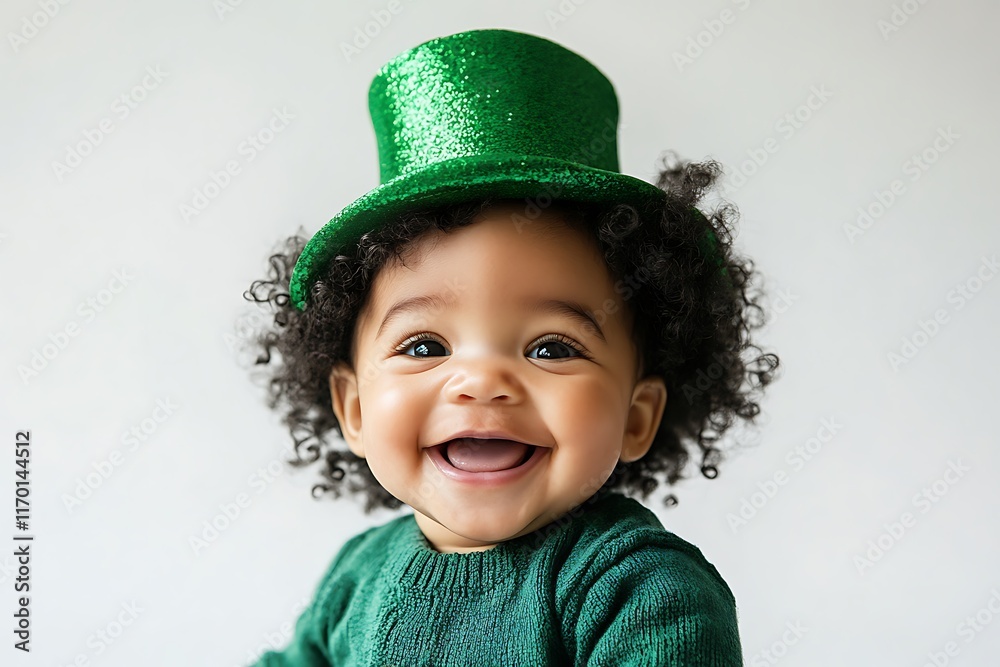 Studio portrait of cheerful baby wearing green st. Patrick's day costume and smiling