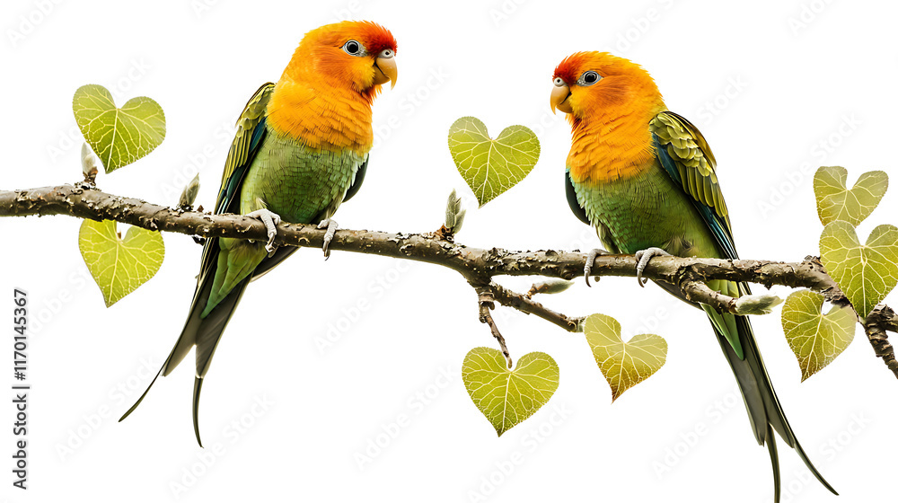 Two Sun Parakeets Perched on Branch with Heart Shaped Leaves Romantic Bird Couple Two Sun Parakeets Perched on Branch with Heart Shaped Leaves Romantic Bird Couple