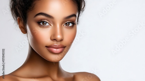 Close-up portrait of a woman with radiant skin and a soft expression.