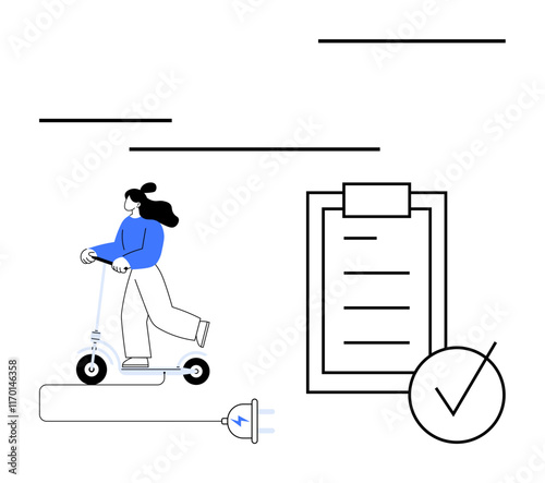 Woman riding electric scooter connected to charging plug, next to checklist with checkmark. Ideal for eco-transport, green energy, urban mobility, task management, sustainability goals, active photo