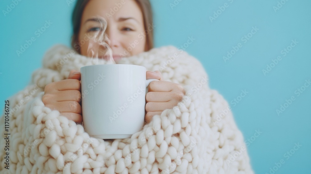 Cozy Winter Vibes Woman Enjoying Hot Cocoa Wrapped in Chunky Knit Blanket