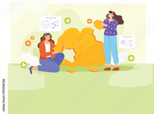 A thoughtful illustration portraying individuals providing collaborative mental health support in a serene, uplifting setting, emphasizing connection and understanding.