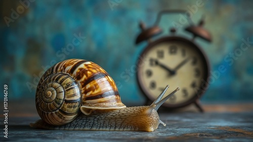 A snail slowly crawls towards an antique alarm clock on a rustic surface.