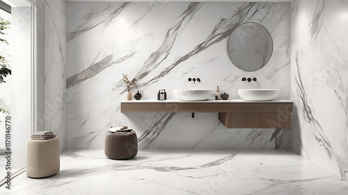 Close-up of a guide to transforming walls with the timeless charm and versatility of marble stone texture-inspired tiles background decorated. © CreativeTshirtDesign