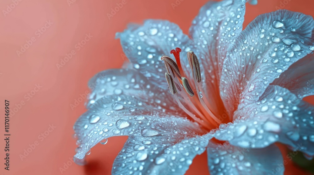 Fototapeta premium Close-up of a dewy blue flower on a coral background.
