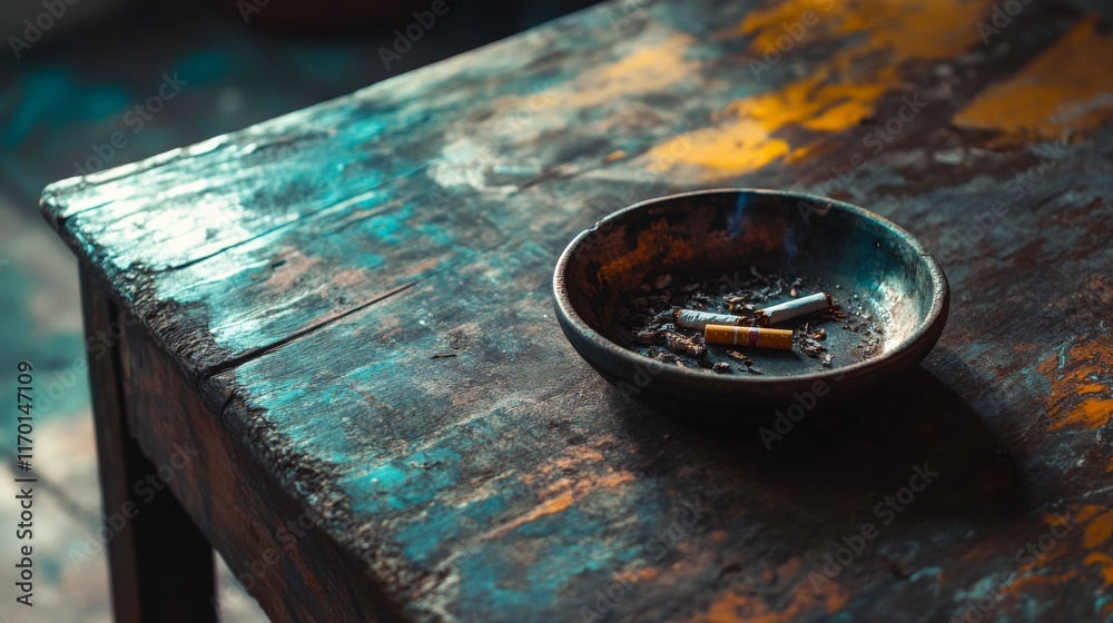 A rustic table adorned with a dark bowl holding discarded cigarette butts. The vibrant colors of the wood create a unique contrast. A moment captured in time. Generative AI A rustic table adorned with a dark bowl holding discarded cigarette butts. The vibrant colors of the wood create a unique contrast. A moment captured in time. Generative AI