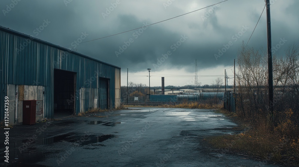 A desolate industrial area with dark clouds and wet pavement. A desolate industrial area with dark clouds and wet pavement.