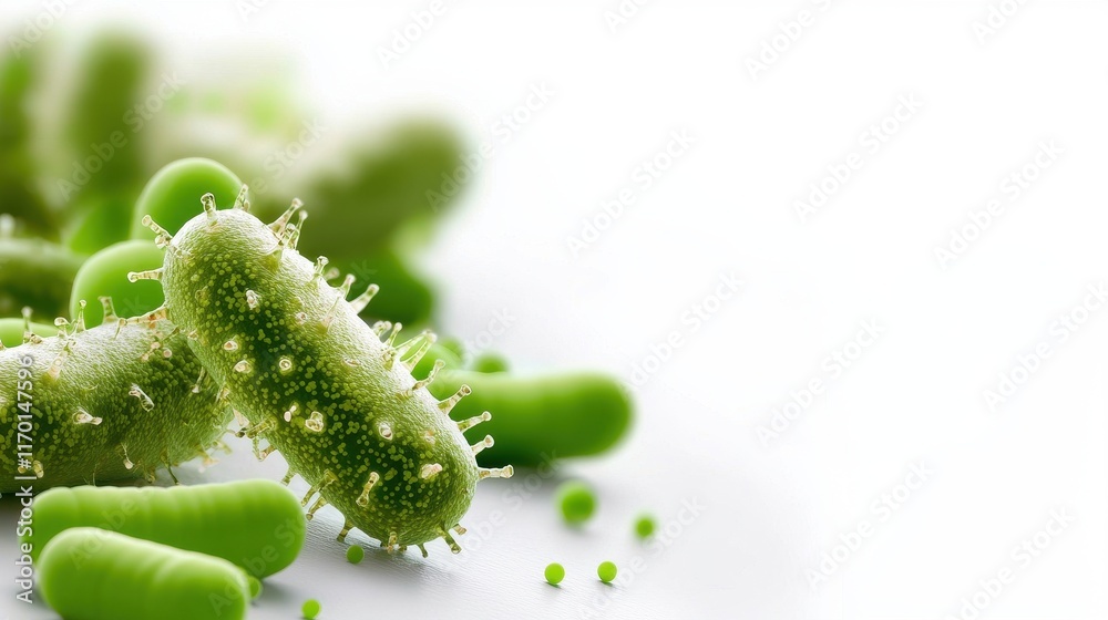 Naklejka premium A close-up of green bacteria showing their unique shapes and structures against a light background, highlighting their microscopic nature.