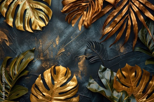 Golden palm and monstera leaves on dark grey background. Trendy tropical summer concept.