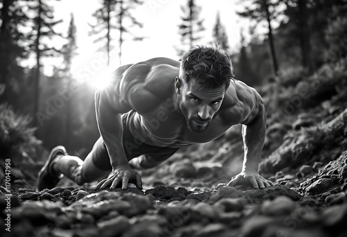 Muscular Man's Intense Push-Up: Dramatic Black and White Fitness Photography photo