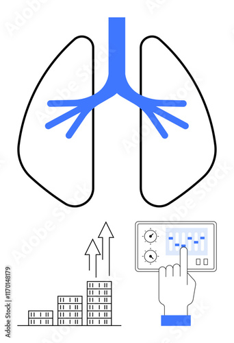 Blue bronchial pathways in lungs, data charts showing growth trends, and control hand adjusting settings. Ideal for medical research, diagnostics, treatment planning, healthcare, data analysis