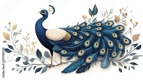 Majestic Peacock in Botanical Digital Illustration AI Generated photo