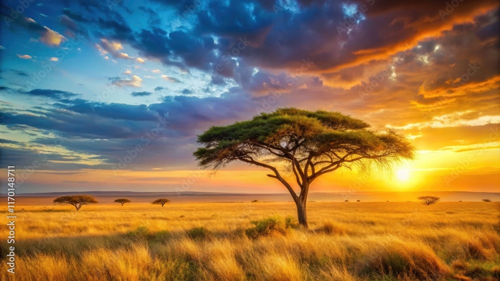 Serene African savanna bathed in sunset hues; endless grassland meets a fiery sky. Serene African savanna bathed in sunset hues; endless grassland meets a fiery sky.