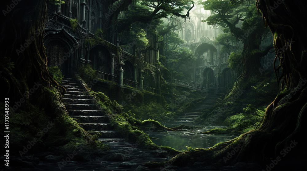 Fototapeta premium Enchanted Ruins in a Verdant Forest