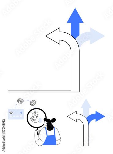 Person examining financial details with a magnifying glass, thought bubbles of credit card and dollar coin. Diverging arrows pointing in different directions. Ideal for finance, decision-making