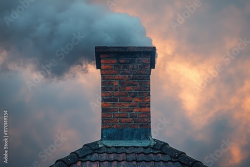 A chimney emitting smoke on a clear day, symbolizing the importance of chimney safety, regular inspections, and proper maintenance practices.. photo