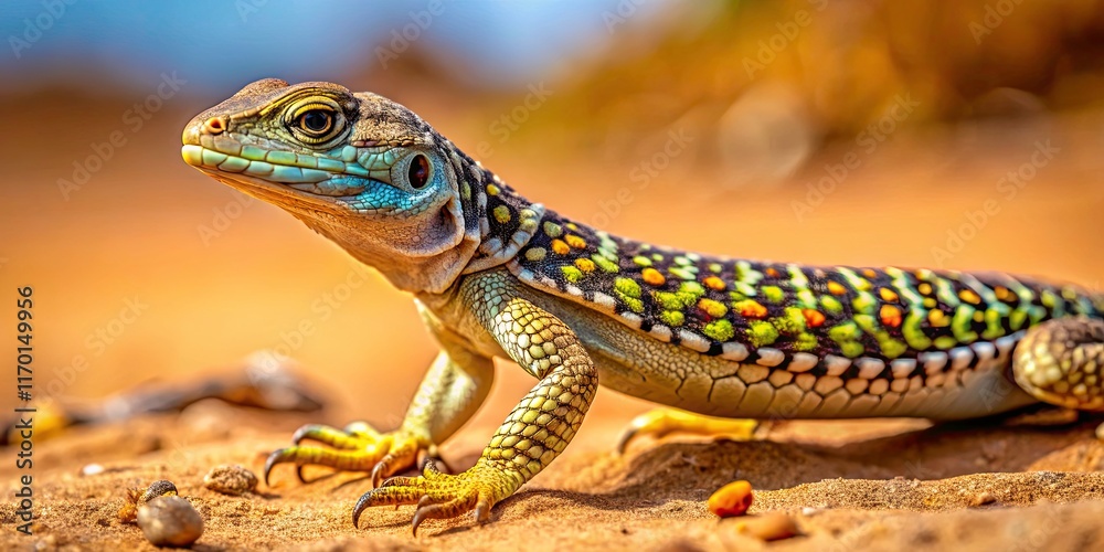 Obraz premium Side profile of a desert lizard in motion; a striking wildlife photograph showcasing its powerful build.