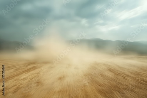 A blurred scene of a desert storm with sand and dust swirling through the air, creating a hazy and dramatic atmosphere.. photo