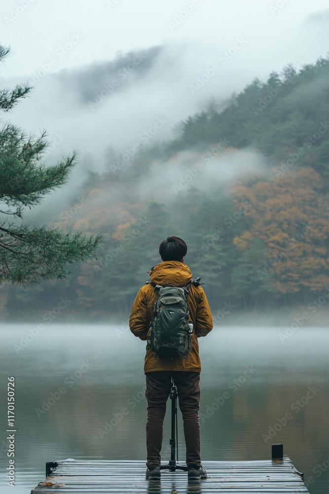 Obraz premium Reflective Weather Observation by Misty Mountain Lake in Calm Pastel Hues