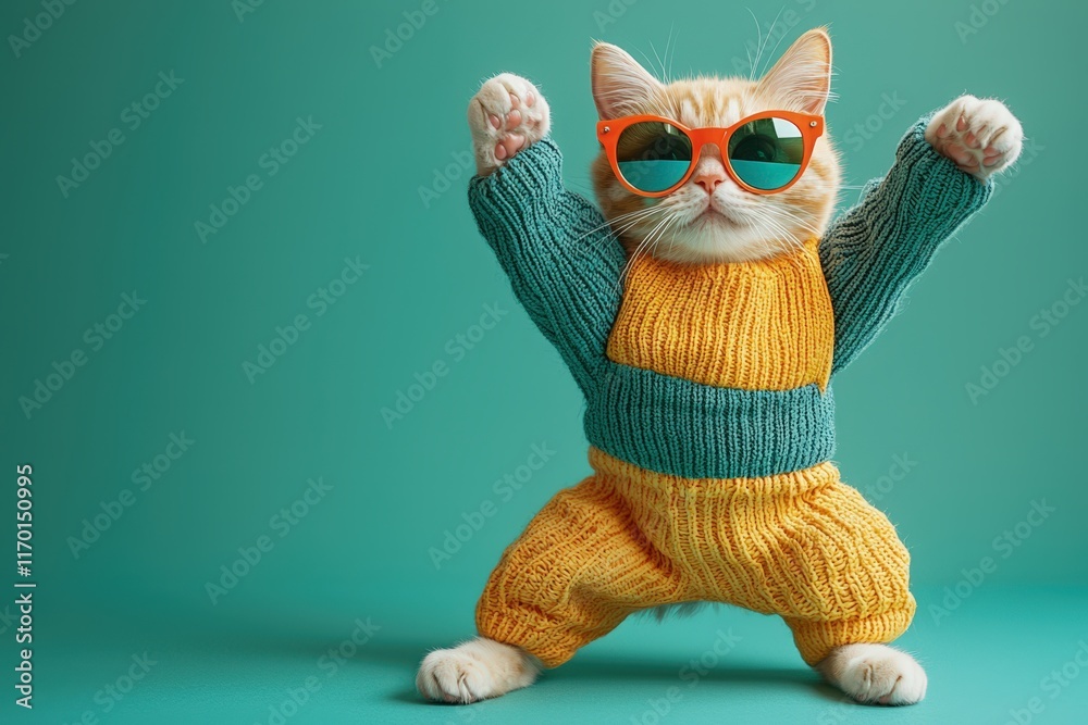 Playful cat wearing vibrant clothes and stylish sunglasses, joyfully dancing on a green background, perfect for fun and trendy themes. .