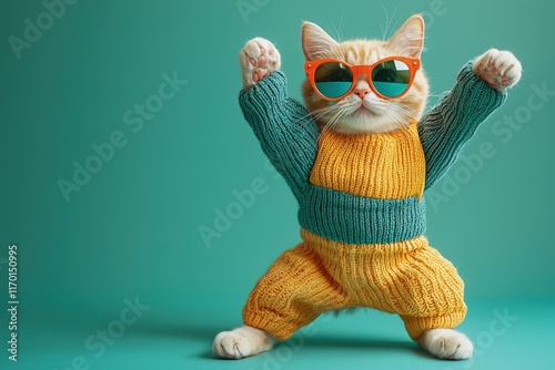 Obraz na płótnie Playful cat wearing vibrant clothes and stylish sunglasses, joyfully dancing on a green background, perfect for fun and trendy themes. . w salonie
