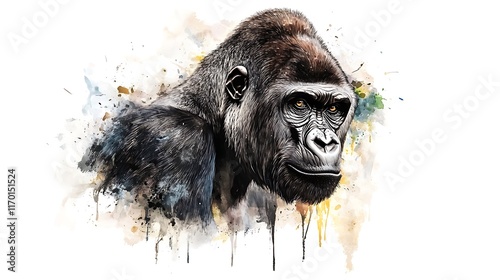 Powerful Gorilla Watercolor Portrait: A Majestic Ape in Abstract Splashes AI Generated photo