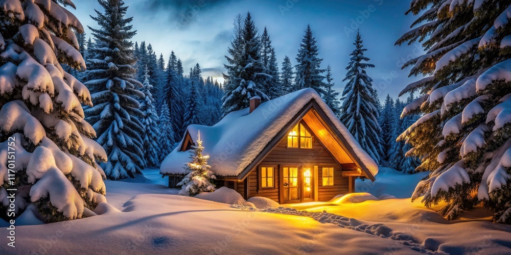 Fototapeta premium Snowy cabin nestled among pines, warm interior lights illuminate a winter wonderland. Minimalist photography.