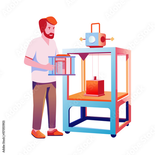 A flat illustration of a person making model with 3d printing 

