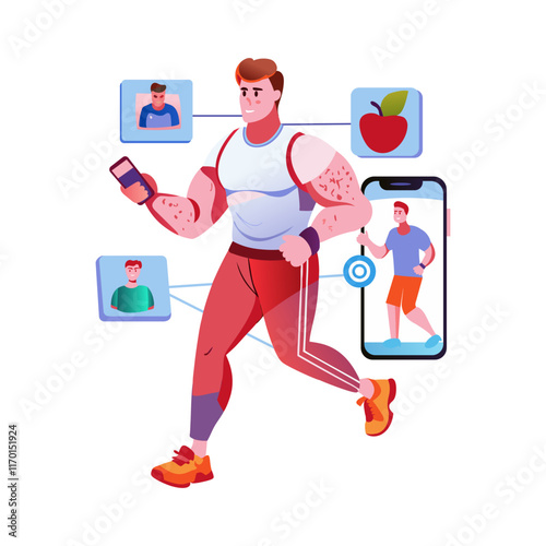 A flat illustration of jogging character having fitness app in his phone 

