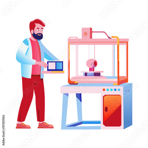 A flat illustration of a person making model with 3d printing 
