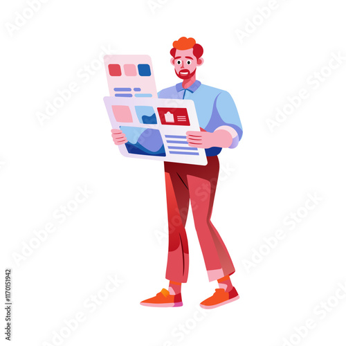 A flat illustration of a character reading ai news 
