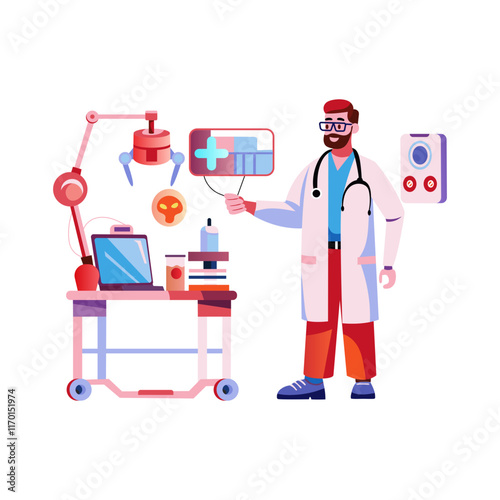 A flat illustration of a medical robot assisting a doctor 

