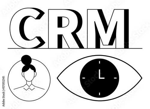 CRM lettering with user profile icon and clock inside eye. Ideal for customer relationship management, time tracking, productivity, business strategies, team workflows, marketing, abstract line flat