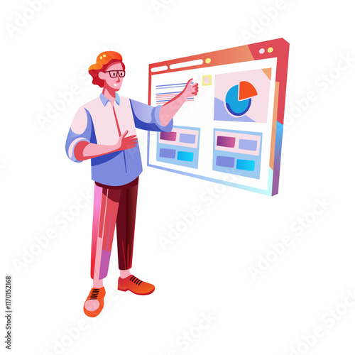 A statistician analysis a dashboard, flat style illustration 

